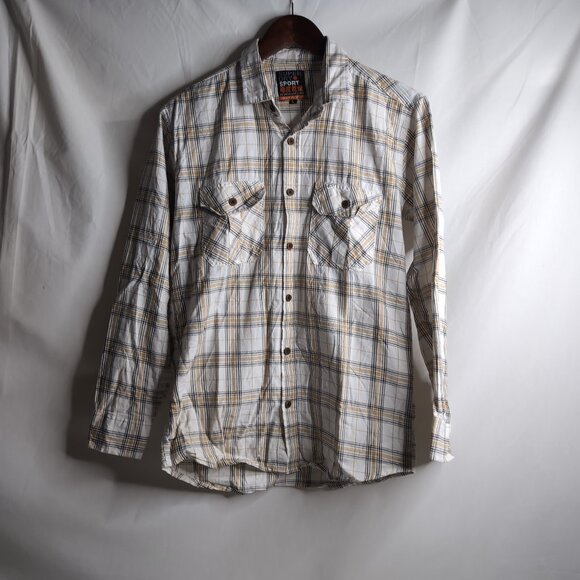 Superdry Men's White/Beige/Black Long Sleeve Plaid Button Up Shirt, Large - Picture 1 of 6